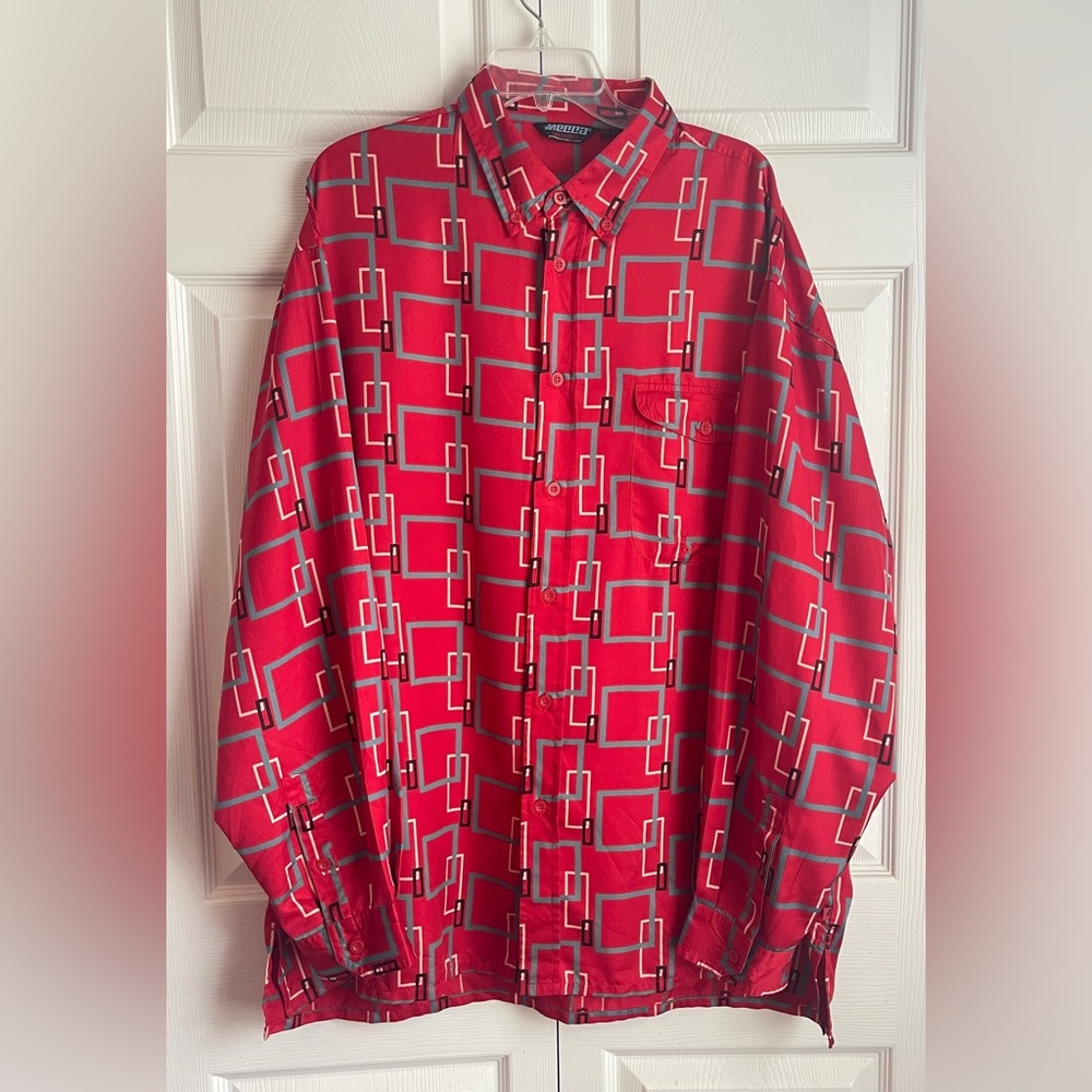 Mecca Shirtworks Men’s Red Geometric Print Long Sleeve Button Up Shirt Size XL